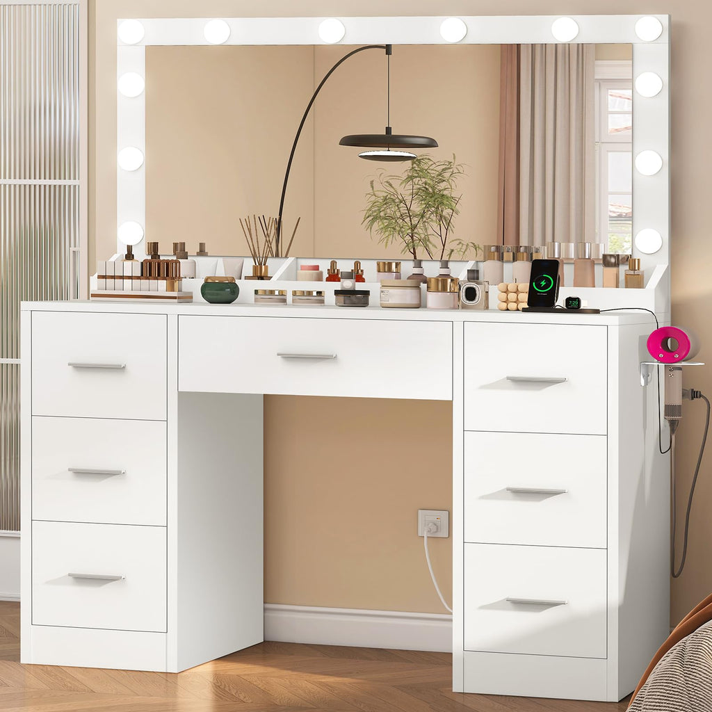 White Vanity Desk with 12 LED Lights and 7 Drawers Z927