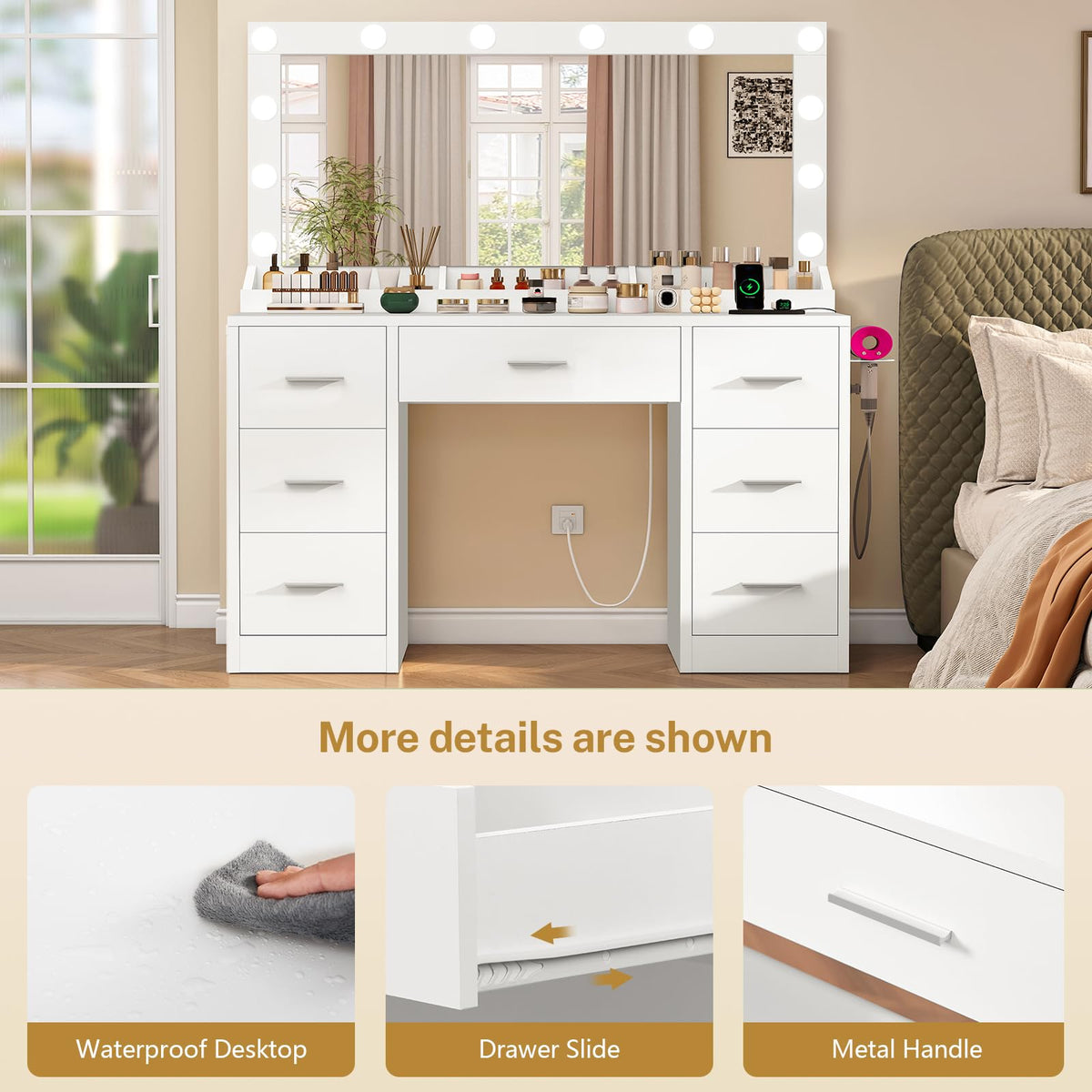 White Vanity Desk with 12 LED Lights and 7 Drawers Z927