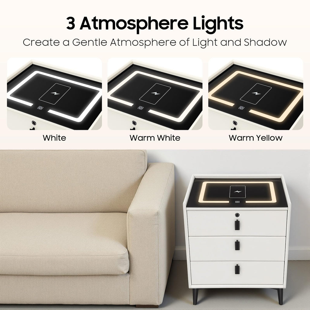 Beige White 3 Drawer Nightstand with Wireless Charging G785