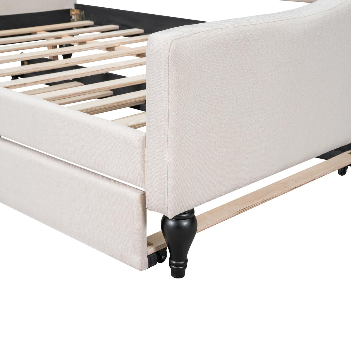 Beige Linen Button Tufted Full Size Daybed with Twin Size Trundle J9516