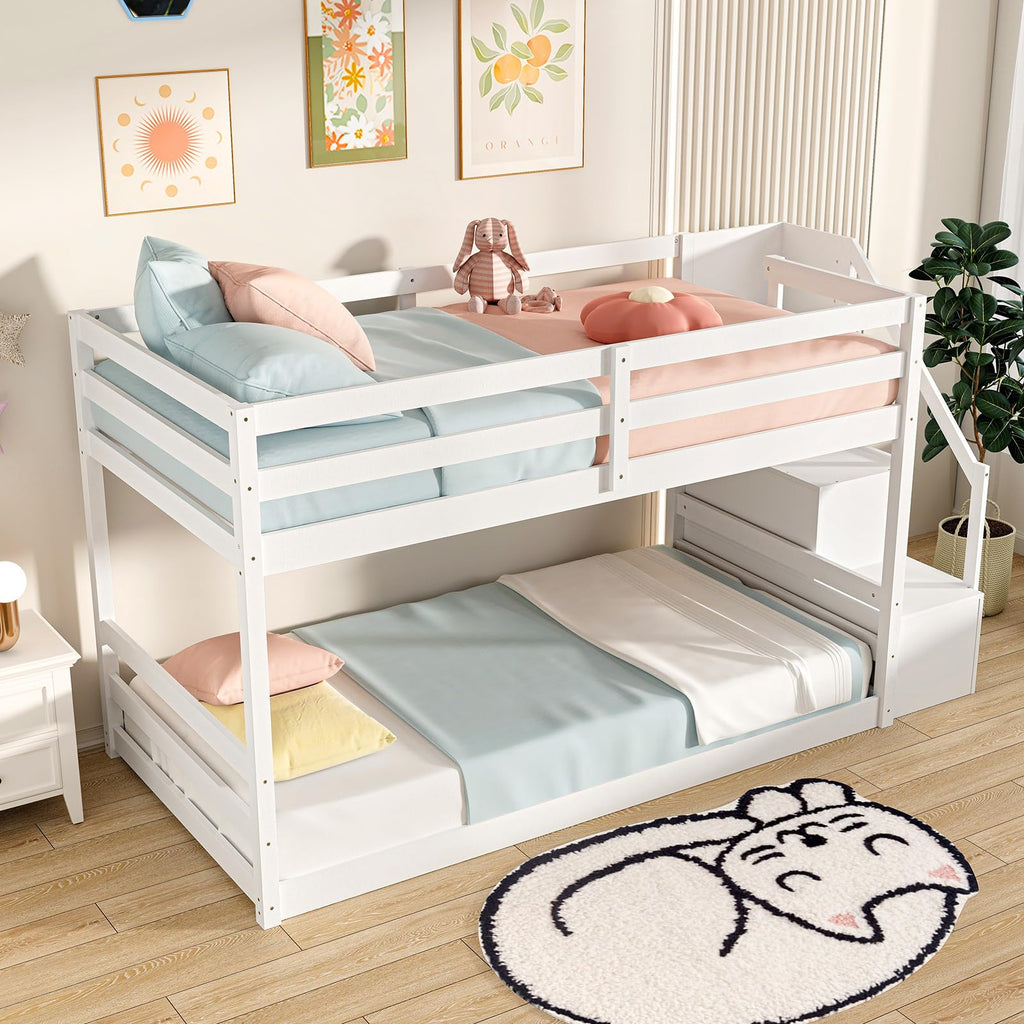 White Twin Over Twin Solid Wood Bunk Bed with Stairs H879
