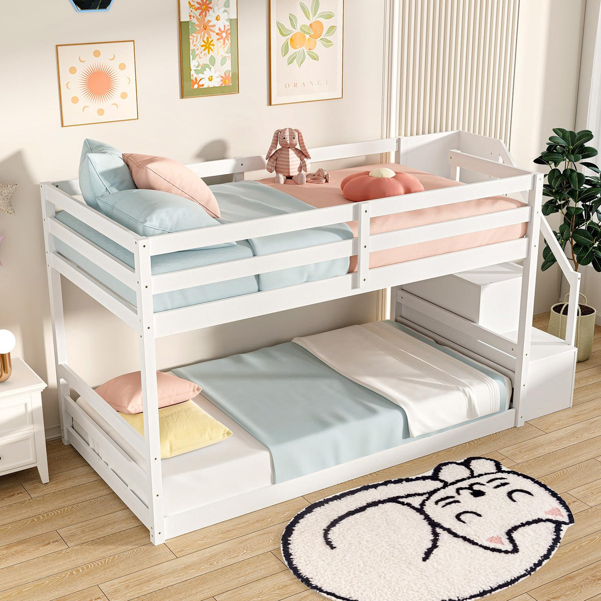 White Twin Over Twin Solid Wood Bunk Bed with Stairs H879