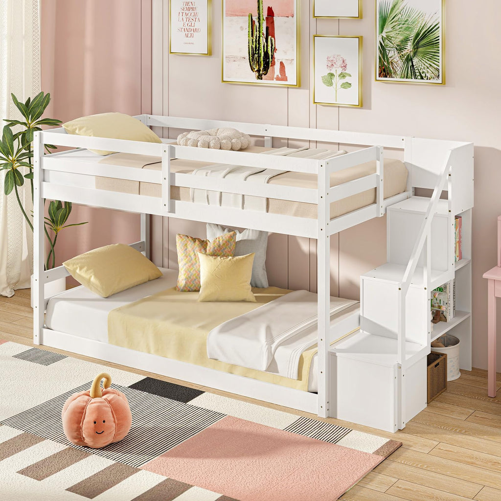 White Twin Over Twin Solid Wood Bunk Bed with Stairs H879