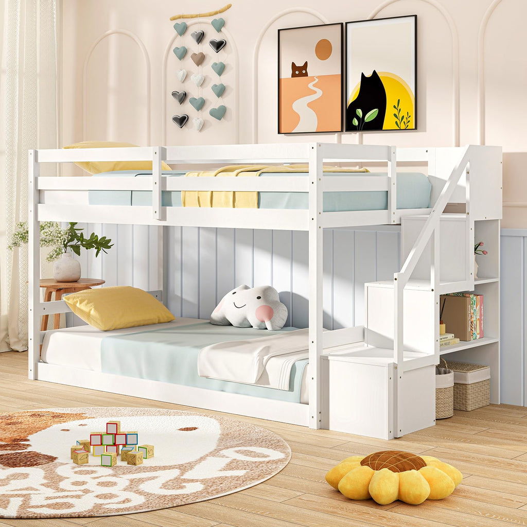 White Twin Over Twin Solid Wood Bunk Bed with Stairs H879