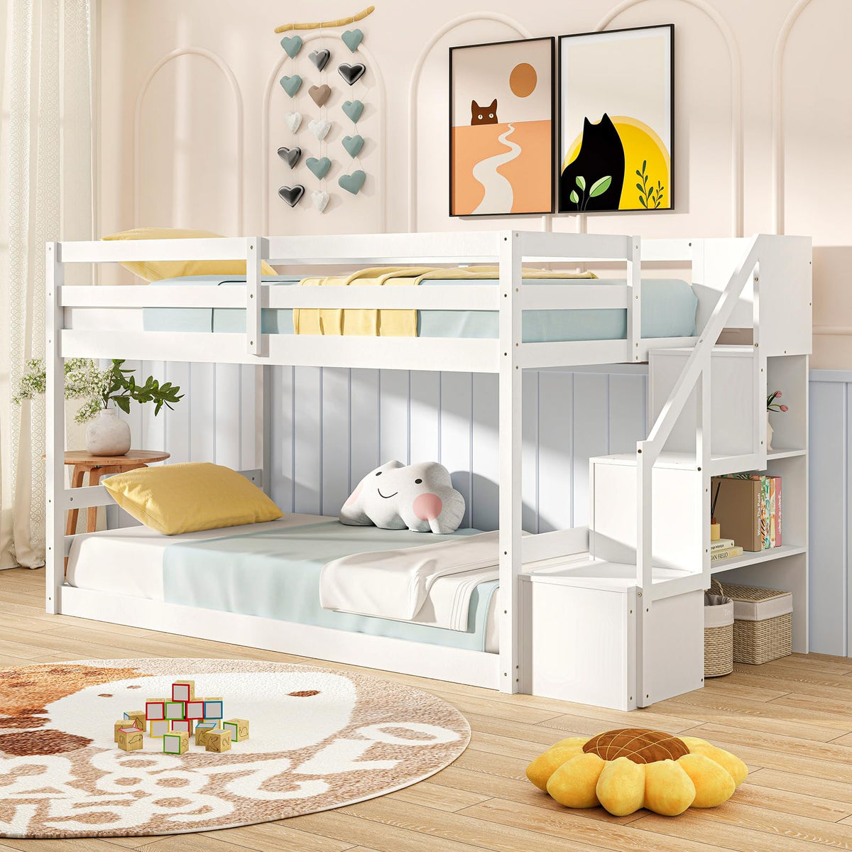 White Twin Over Twin Solid Wood Bunk Bed with Stairs H879