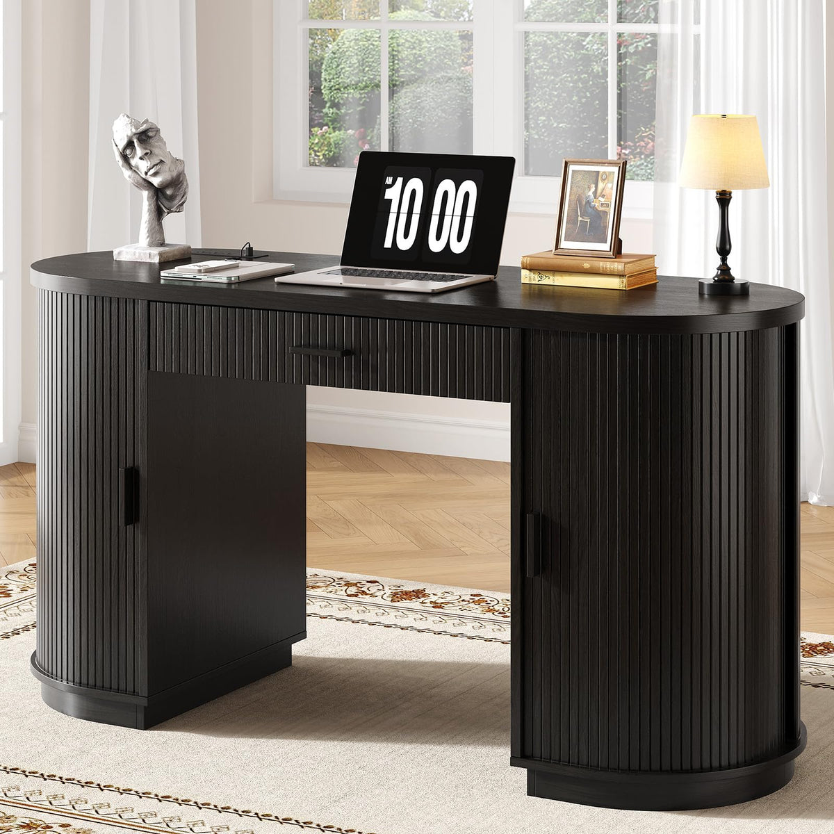 58" Fluted Executive Desk with Storage Drawer, Black V9810