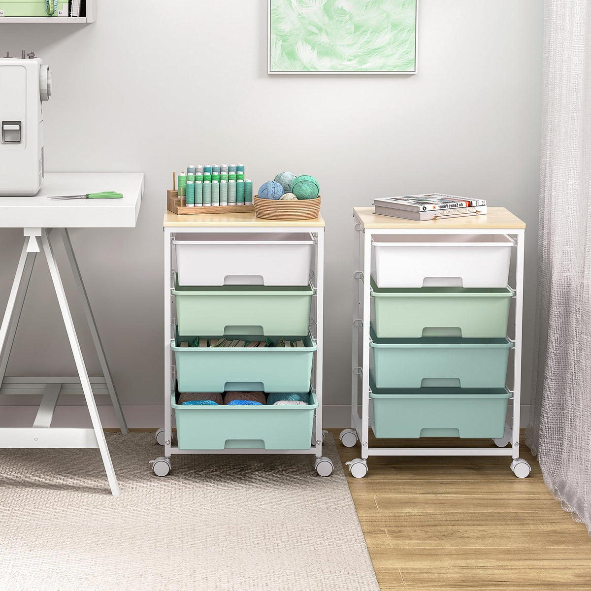 Rolling Cart with Drawers, 4-Drawer Utility Cart, Green X49717