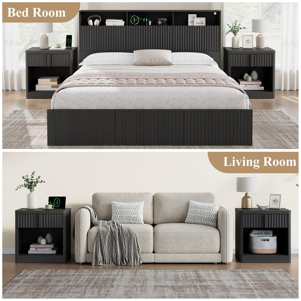 23.6" Fluted Nightstand with Charging Station, Black X288