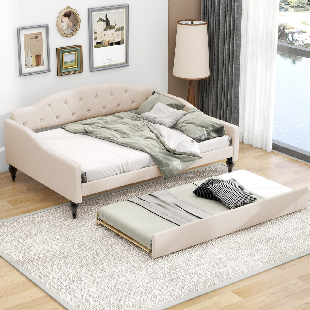 Beige Linen Button Tufted Full Size Daybed with Twin Size Trundle J9516