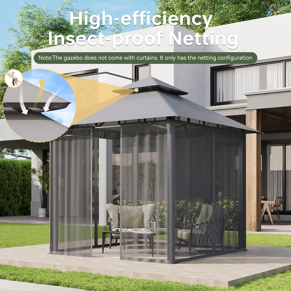 8'x8' Gray Gazebo with Double Roof & Mosquito Netting S46089
