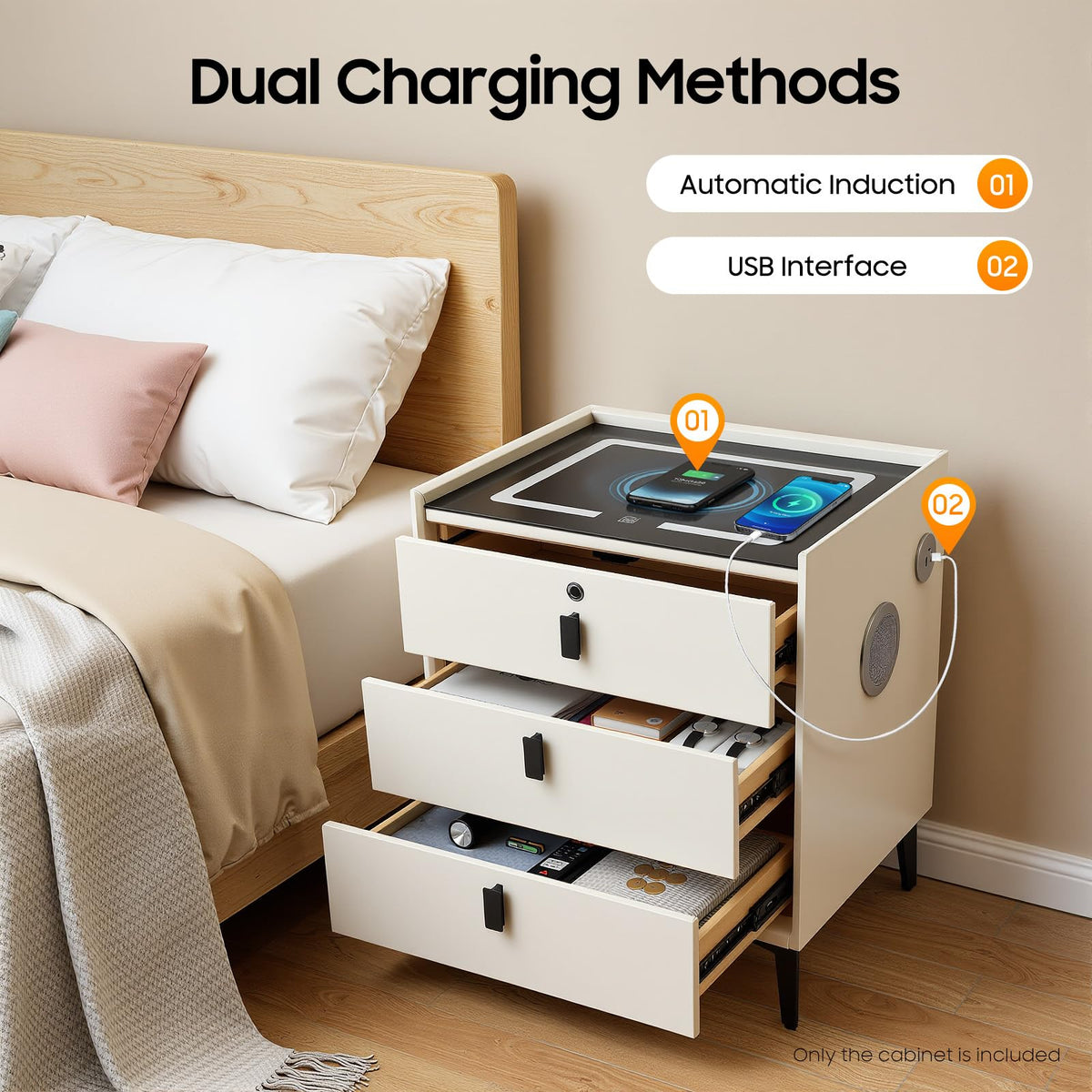 Beige White 3 Drawer Nightstand with Wireless Charging G785