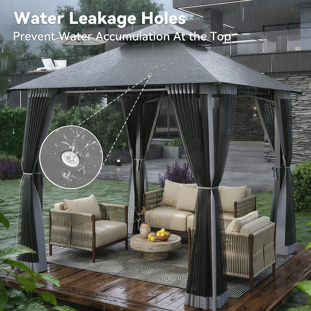 8'x8' Gray Gazebo with Double Roof & Mosquito Netting S46089