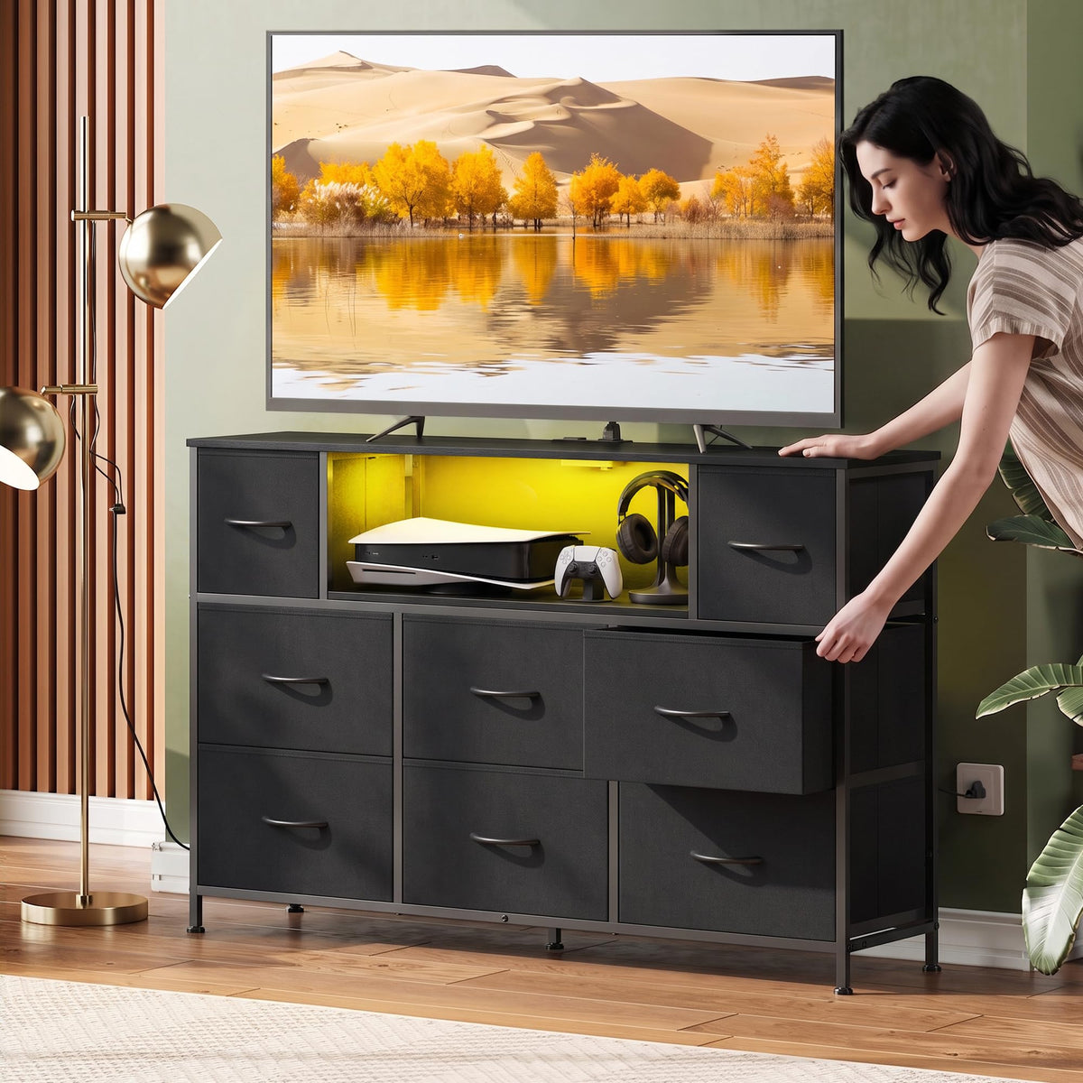 Black 8 Drawer Dresser TV Stand W728