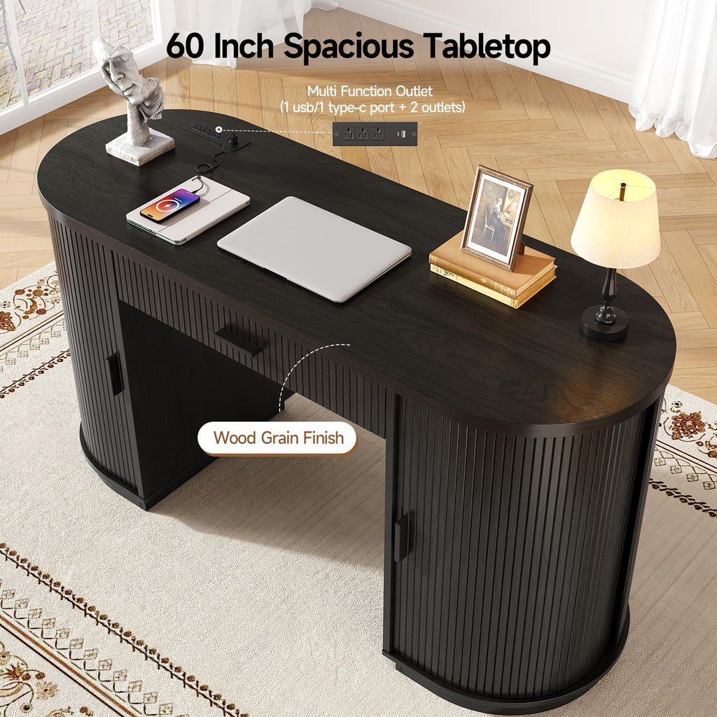 58" Fluted Executive Desk with Storage Drawer, Black V9810