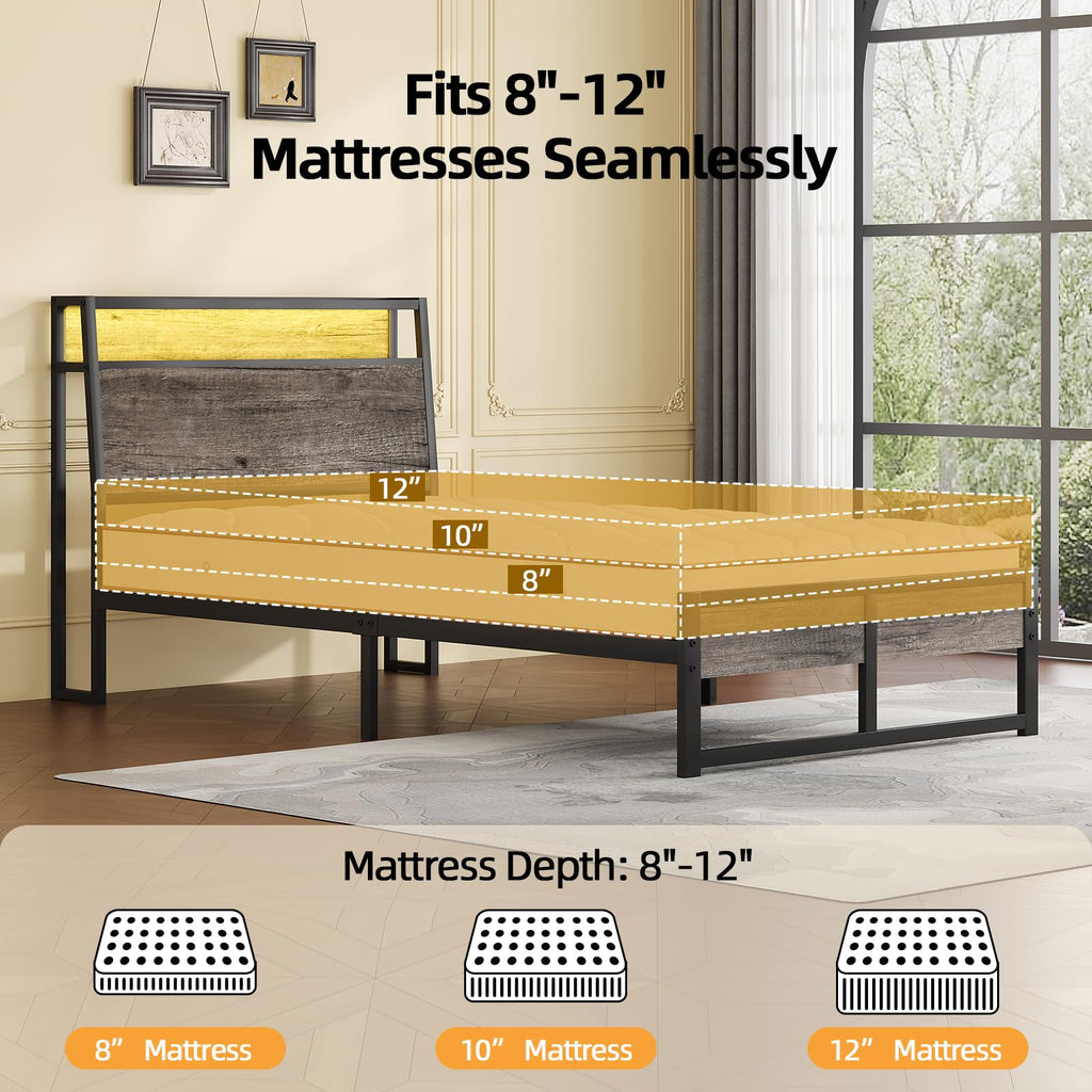 Grey Twin Metal Platform Bed Frame with Storage Headboard B11989