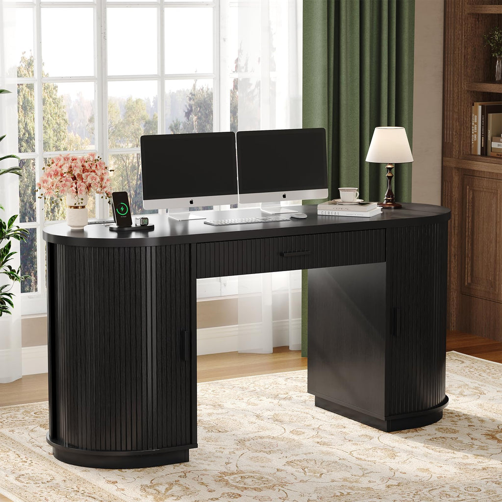 58" Fluted Executive Desk with Storage Drawer, Black V9810