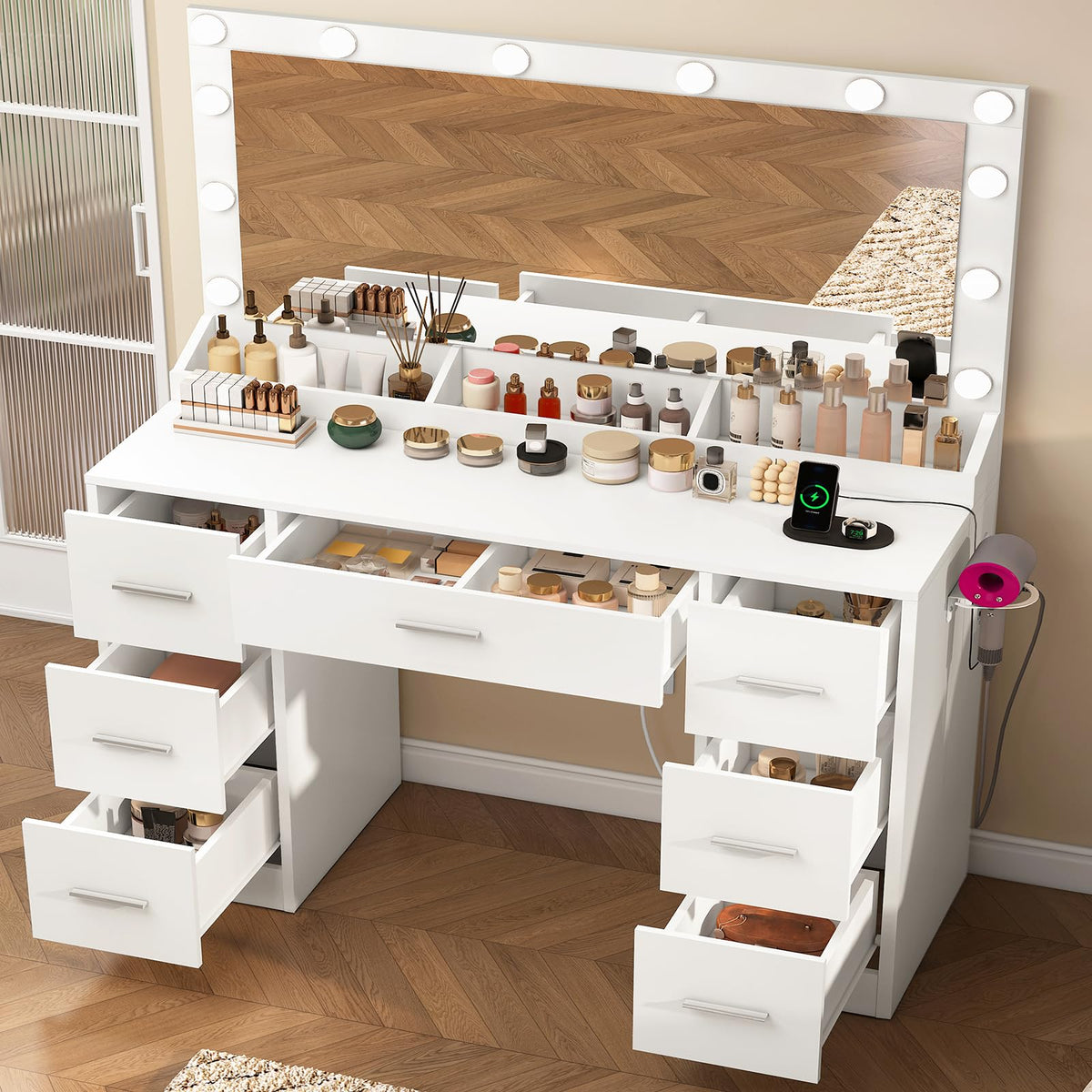 White Vanity Desk with 12 LED Lights and 7 Drawers Z927