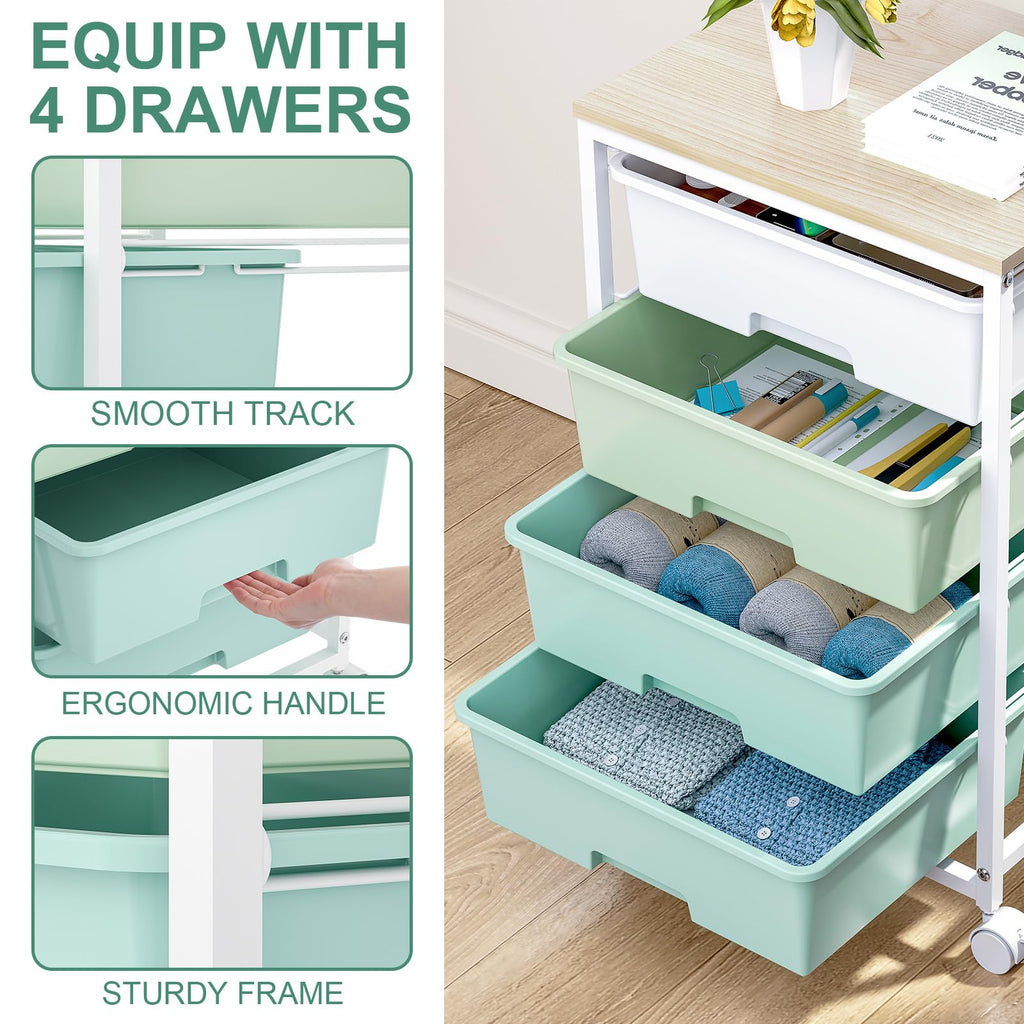 Rolling Cart with Drawers, 4-Drawer Utility Cart, Green X49717
