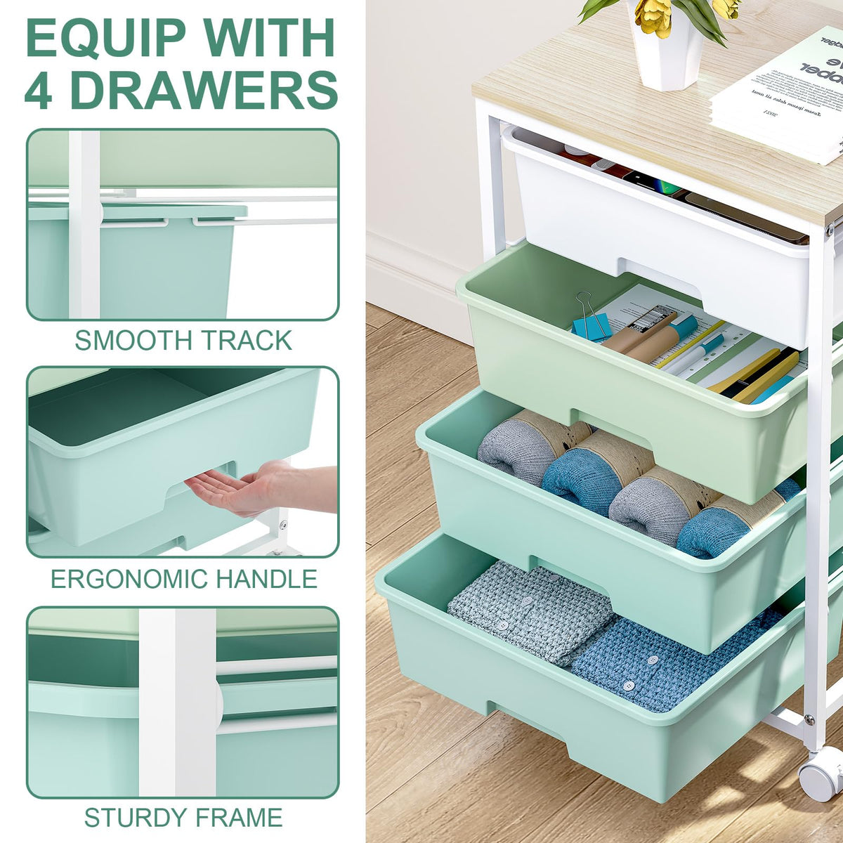 Rolling Cart with Drawers, 4-Drawer Utility Cart, Green X49717