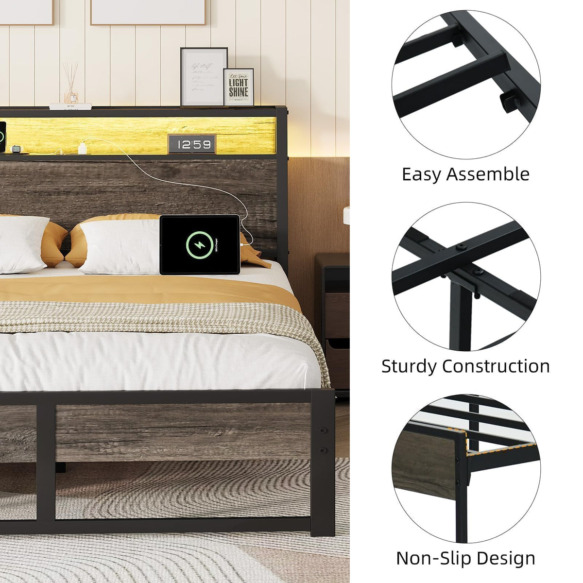 Grey Twin Metal Platform Bed Frame with Storage Headboard B11989