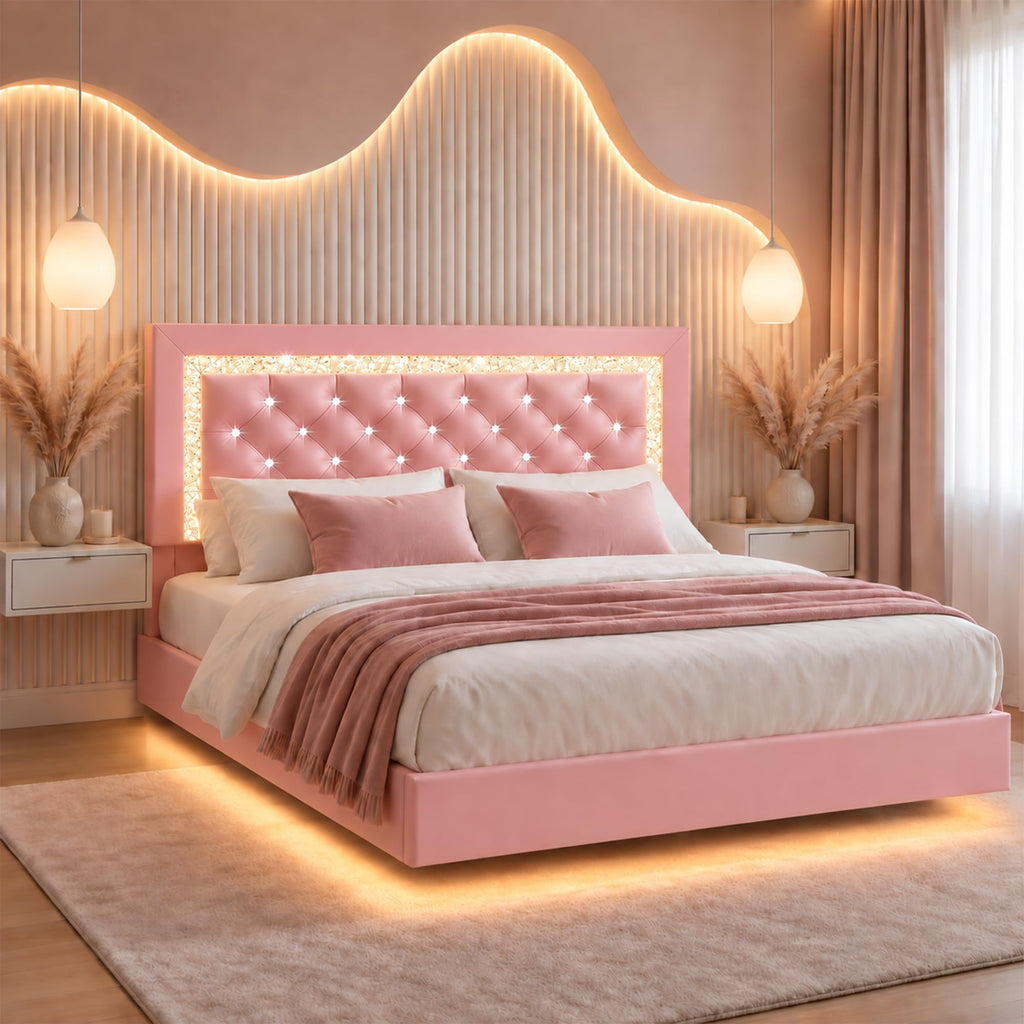 Pink Full Floating Bed Frame with LED Lights and Diamond Headboard U958052