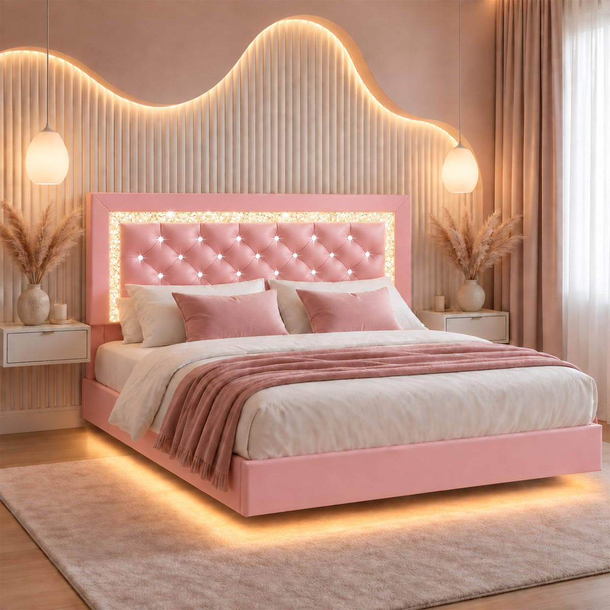Pink Full Floating Bed Frame with LED Lights and Diamond Headboard U958052
