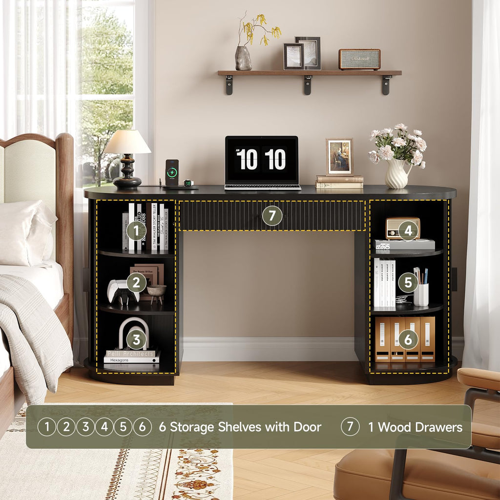 58" Fluted Executive Desk with Storage Drawer, Black V9810