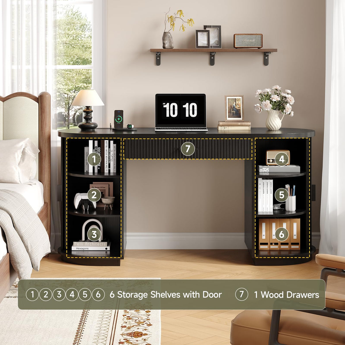 58" Fluted Executive Desk with Storage Drawer, Black V9810