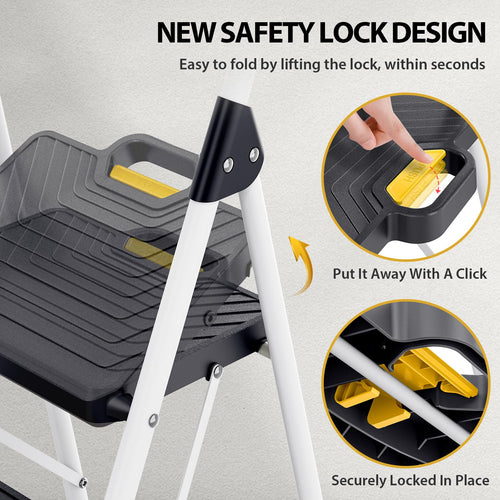 2 Step White Folding Ladder with Anti-Slip Pedals D89230