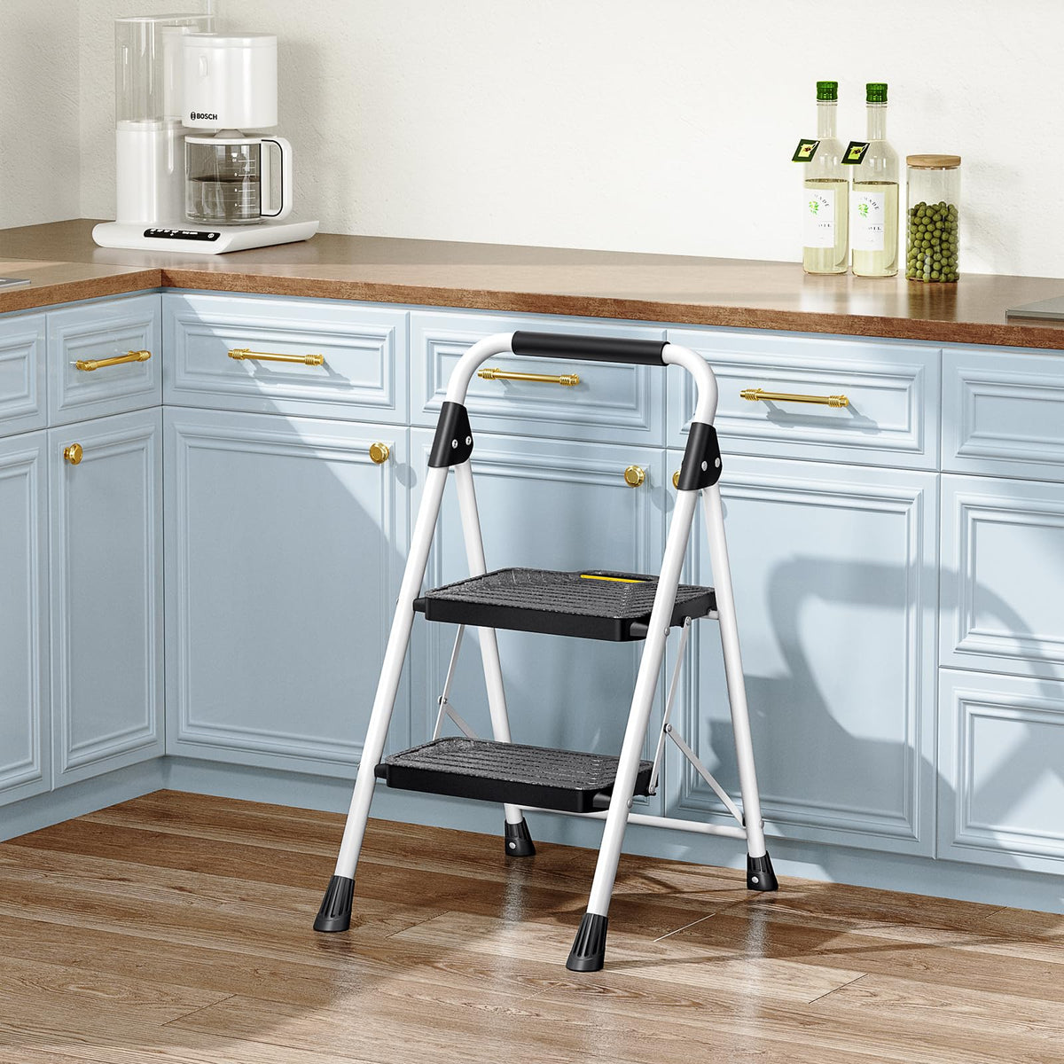 2 Step White Folding Ladder with Anti-Slip Pedals D89230