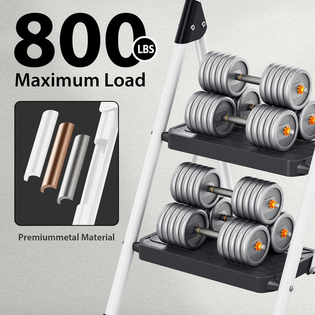 2 Step White Folding Ladder with Anti-Slip Pedals D89230