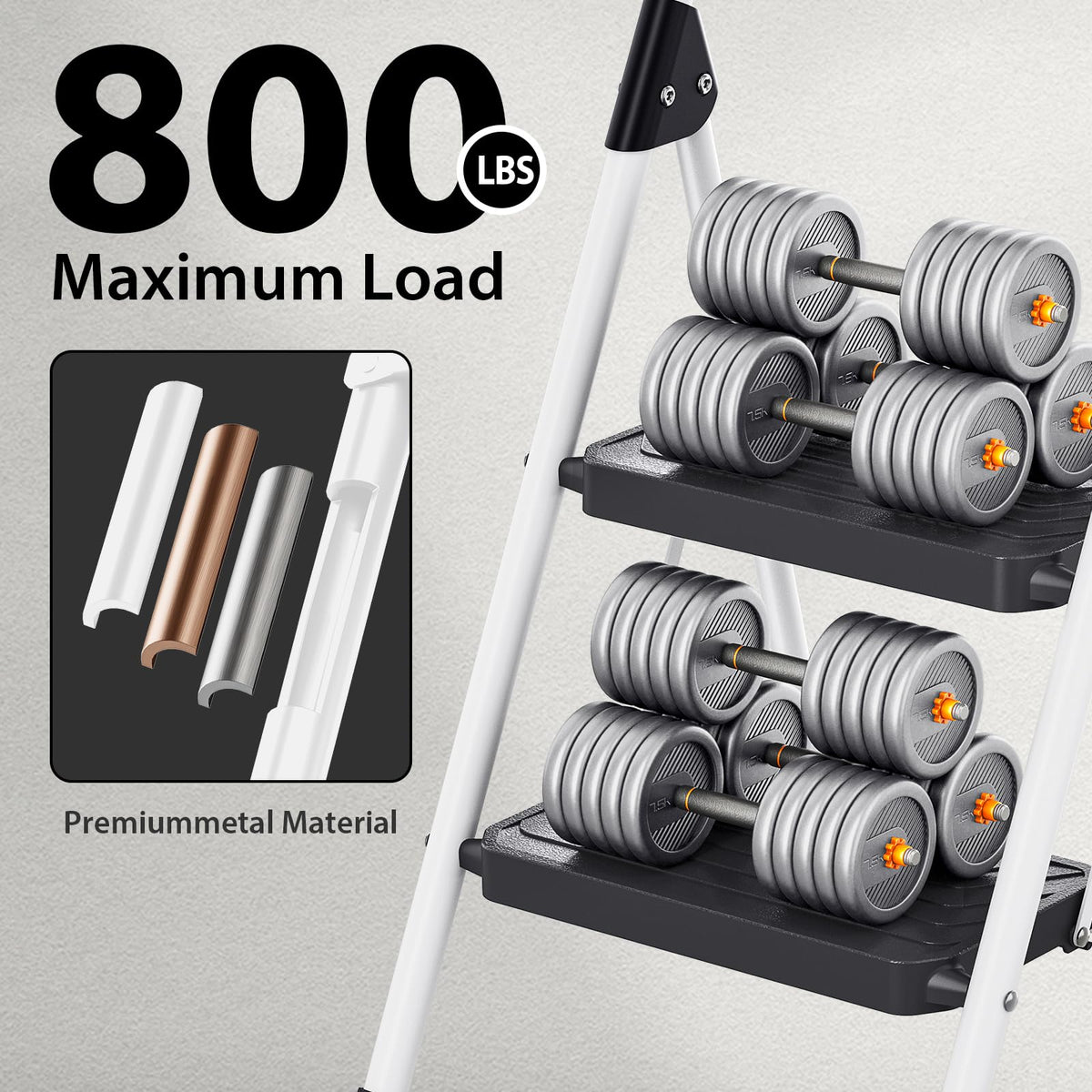 2 Step White Folding Ladder with Anti-Slip Pedals D89230