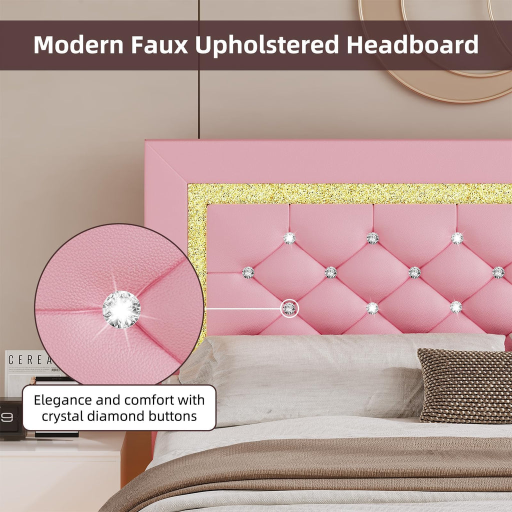 Pink Full Floating Bed Frame with LED Lights and Diamond Headboard U958052