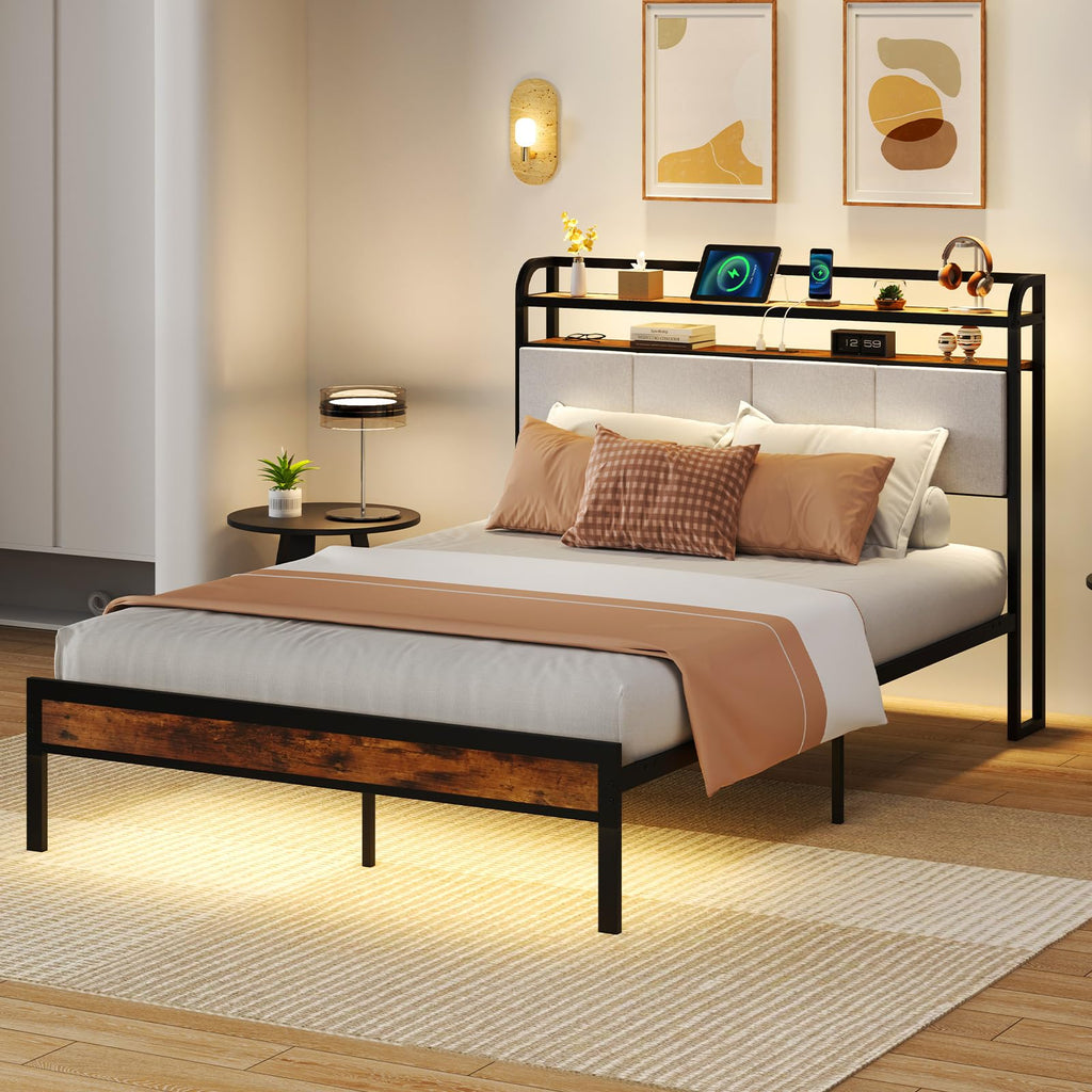 Full Size Metal Platform Bed with Storage Headboard B459620