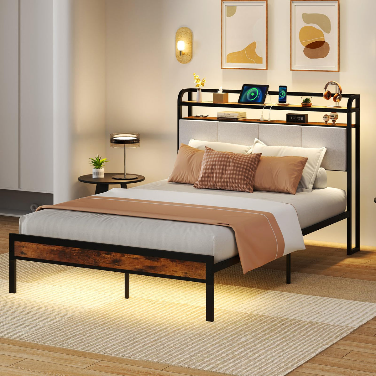 Full Size Metal Platform Bed with Storage Headboard B459620