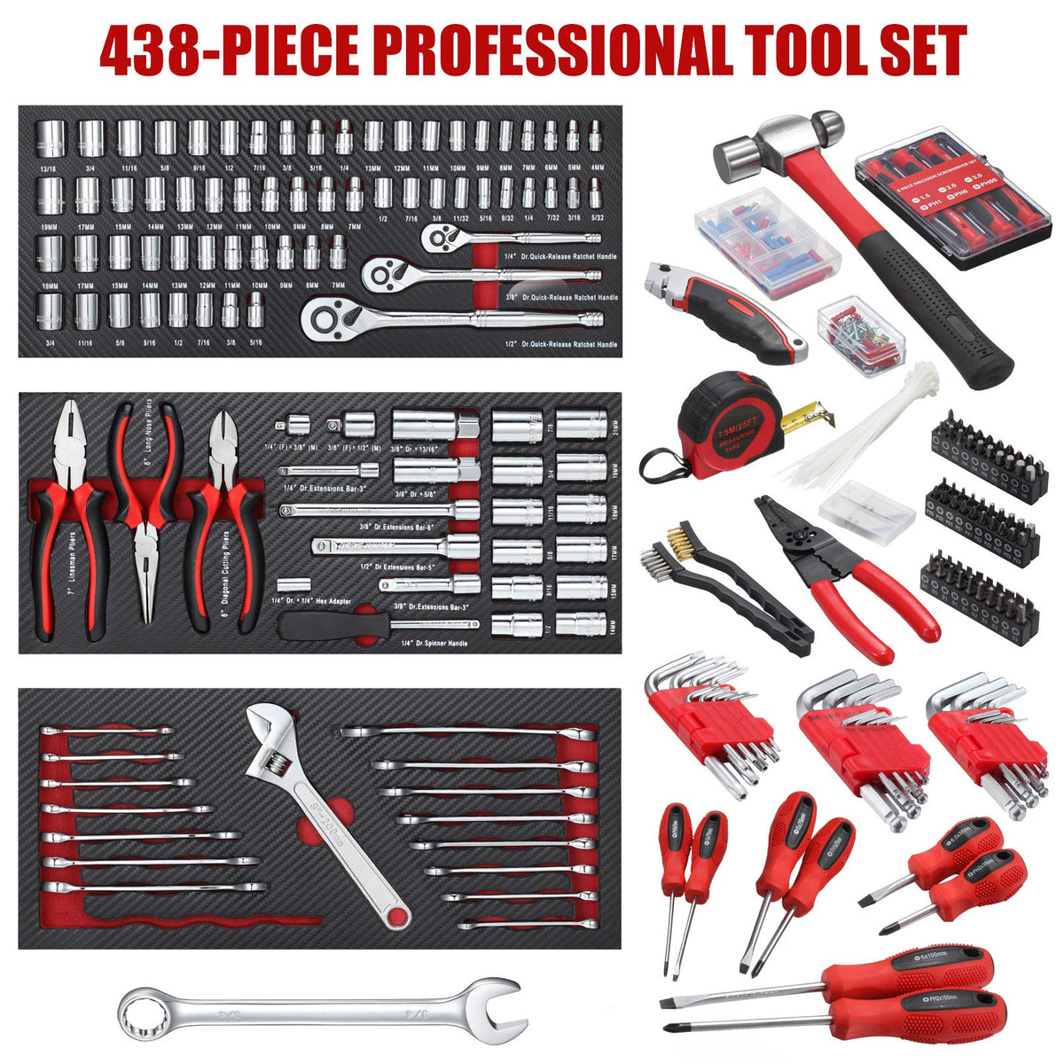 438-Piece Mechanics Tool Set with 3-Drawer Metal Box J85869