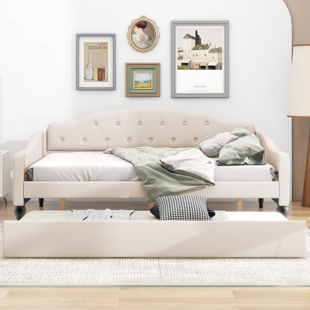 Beige Linen Button Tufted Full Size Daybed with Twin Size Trundle J9516