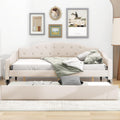 Beige Linen Button Tufted Full Size Daybed with Twin Size Trundle J9516