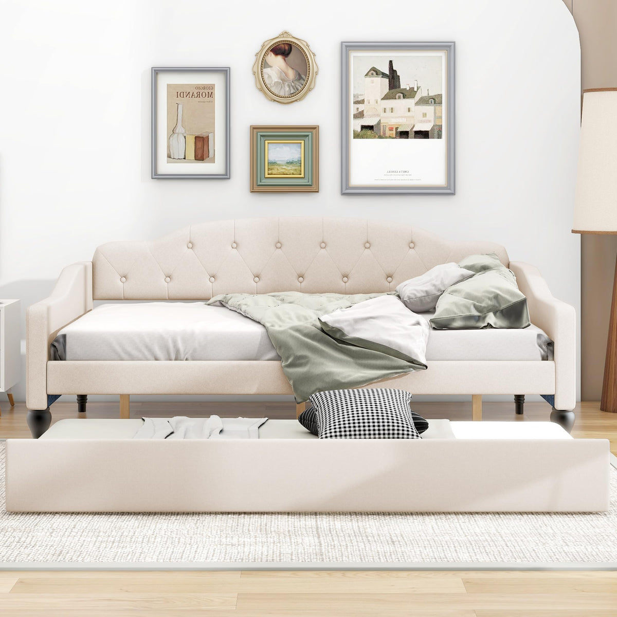 Beige Linen Button Tufted Full Size Daybed with Twin Size Trundle J9516