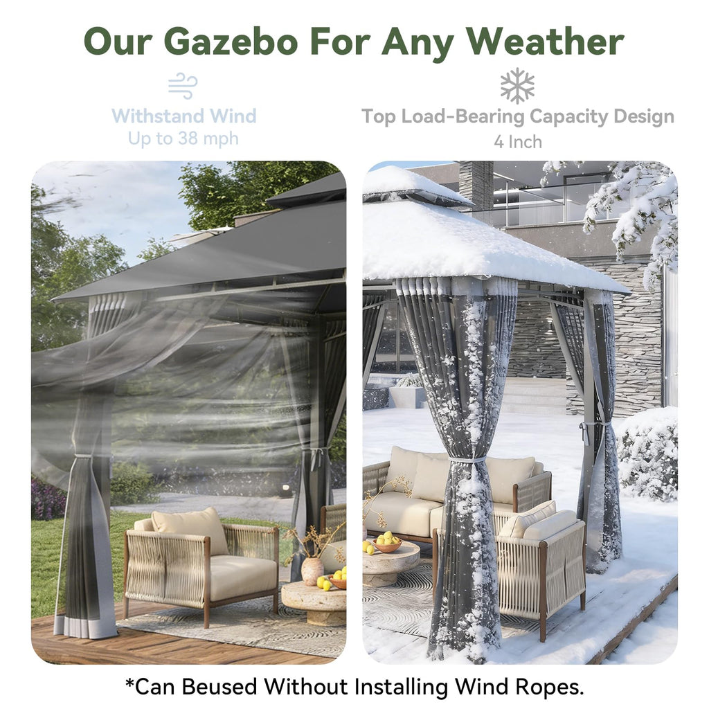 8'x8' Gray Gazebo with Double Roof & Mosquito Netting S46089