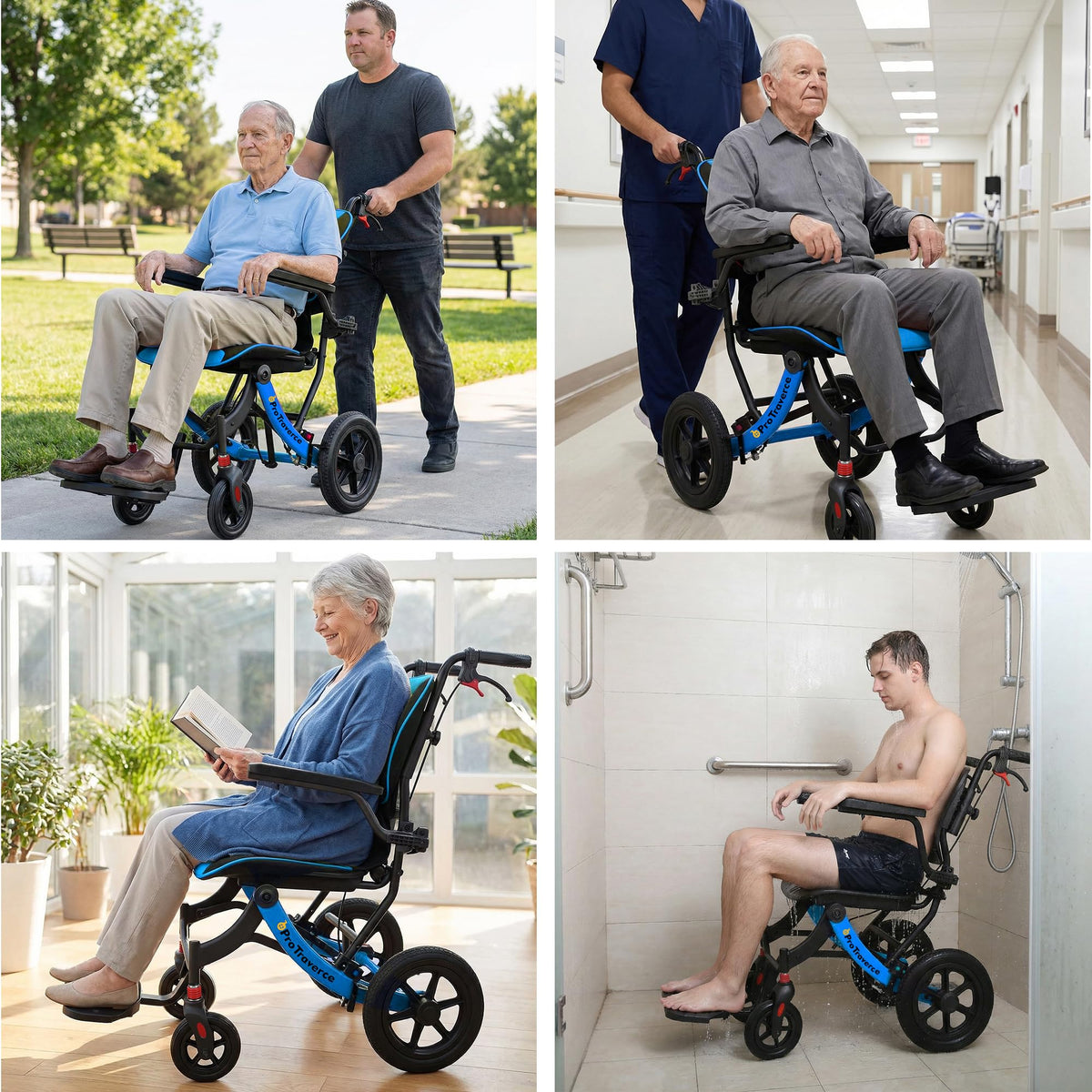 Lightweight Foldable Transport Wheelchair with Telescopic Handle, 16-Inch Seat, Blue A10396