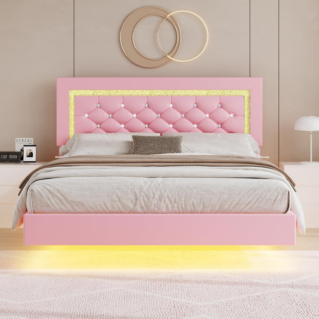 Pink Full Floating Bed Frame with LED Lights and Diamond Headboard U958052