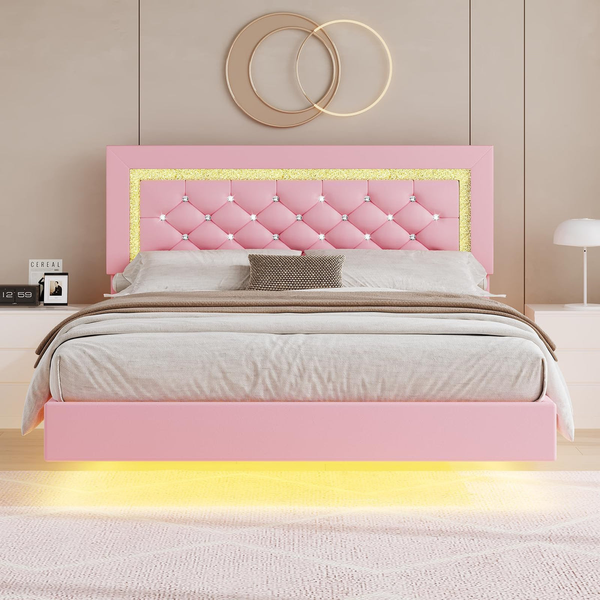 Pink Full Floating Bed Frame with LED Lights and Diamond Headboard U958052