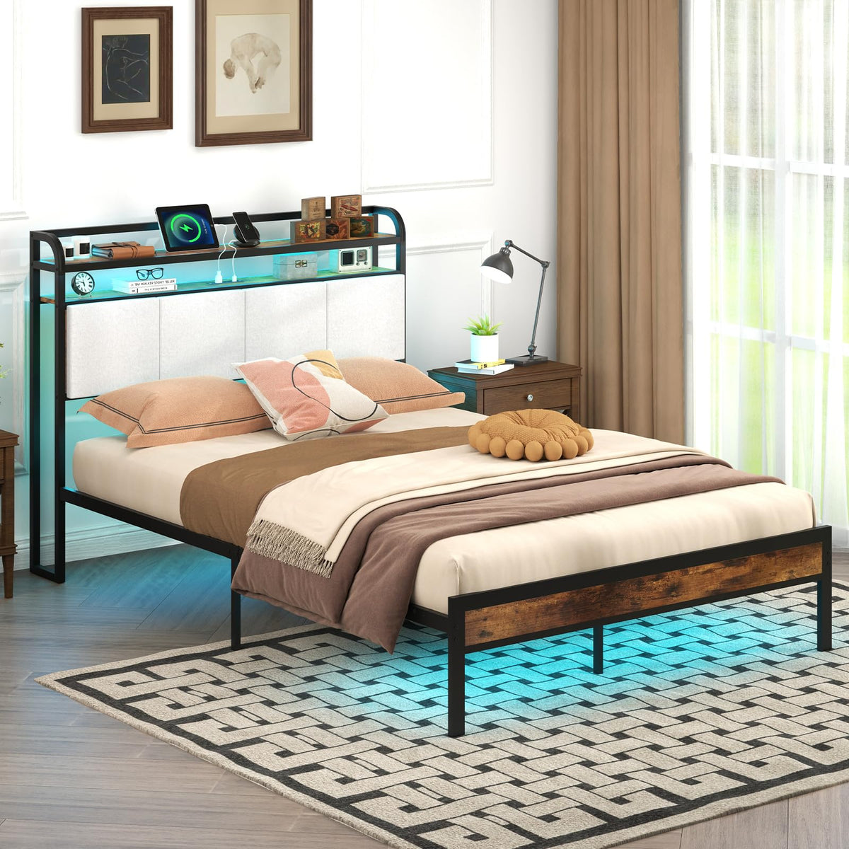Full Size Metal Platform Bed with Storage Headboard B459620