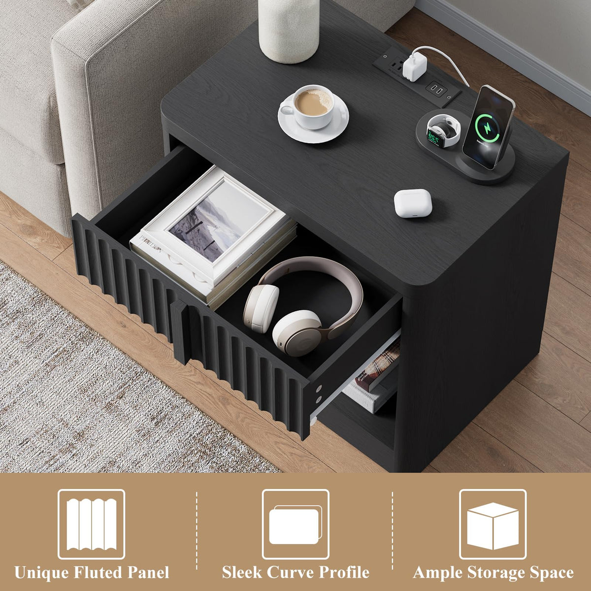23.6" Fluted Nightstand with Charging Station, Black X288