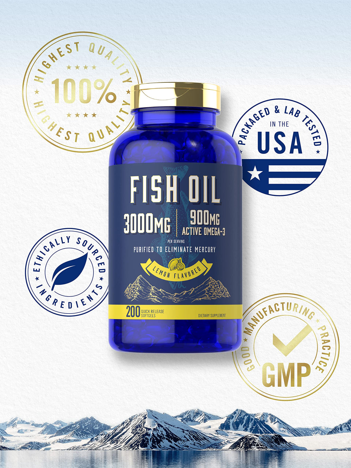 Fish Oil 3000mg 900mg Omega 3 200 Softgels Lemon Flavor L66961