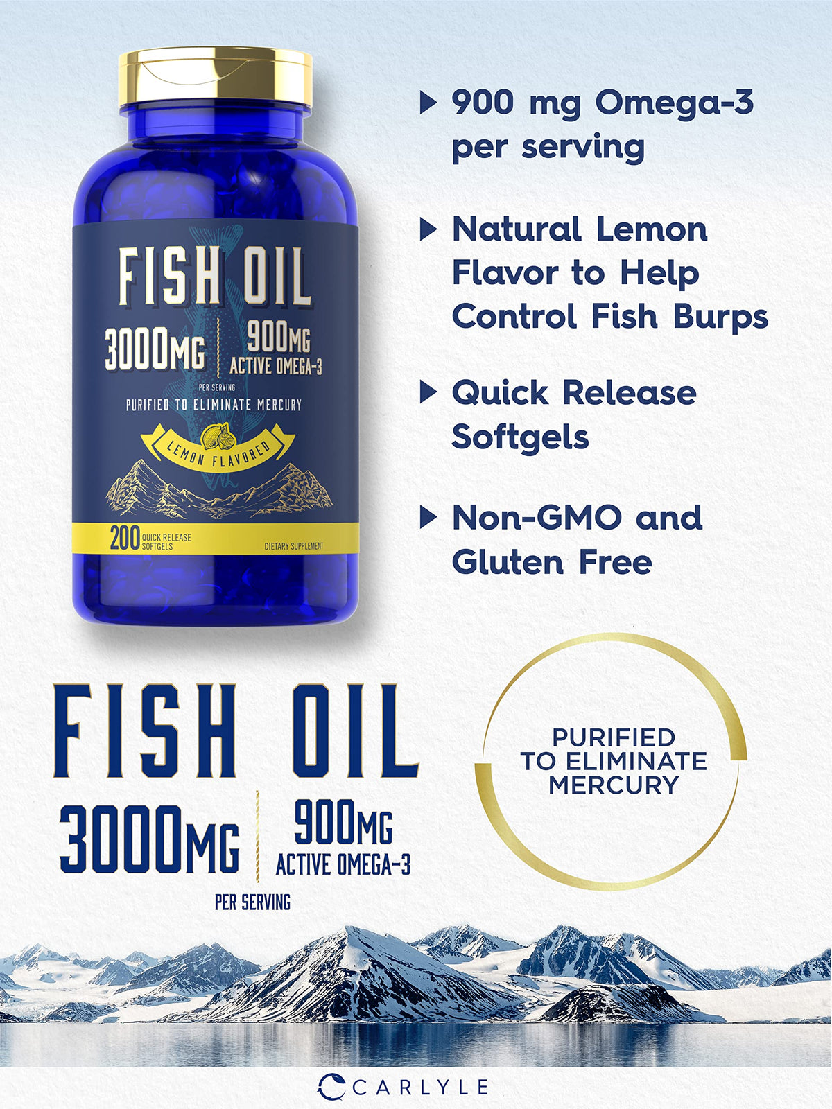 Fish Oil 3000mg 900mg Omega 3 200 Softgels Lemon Flavor L66961